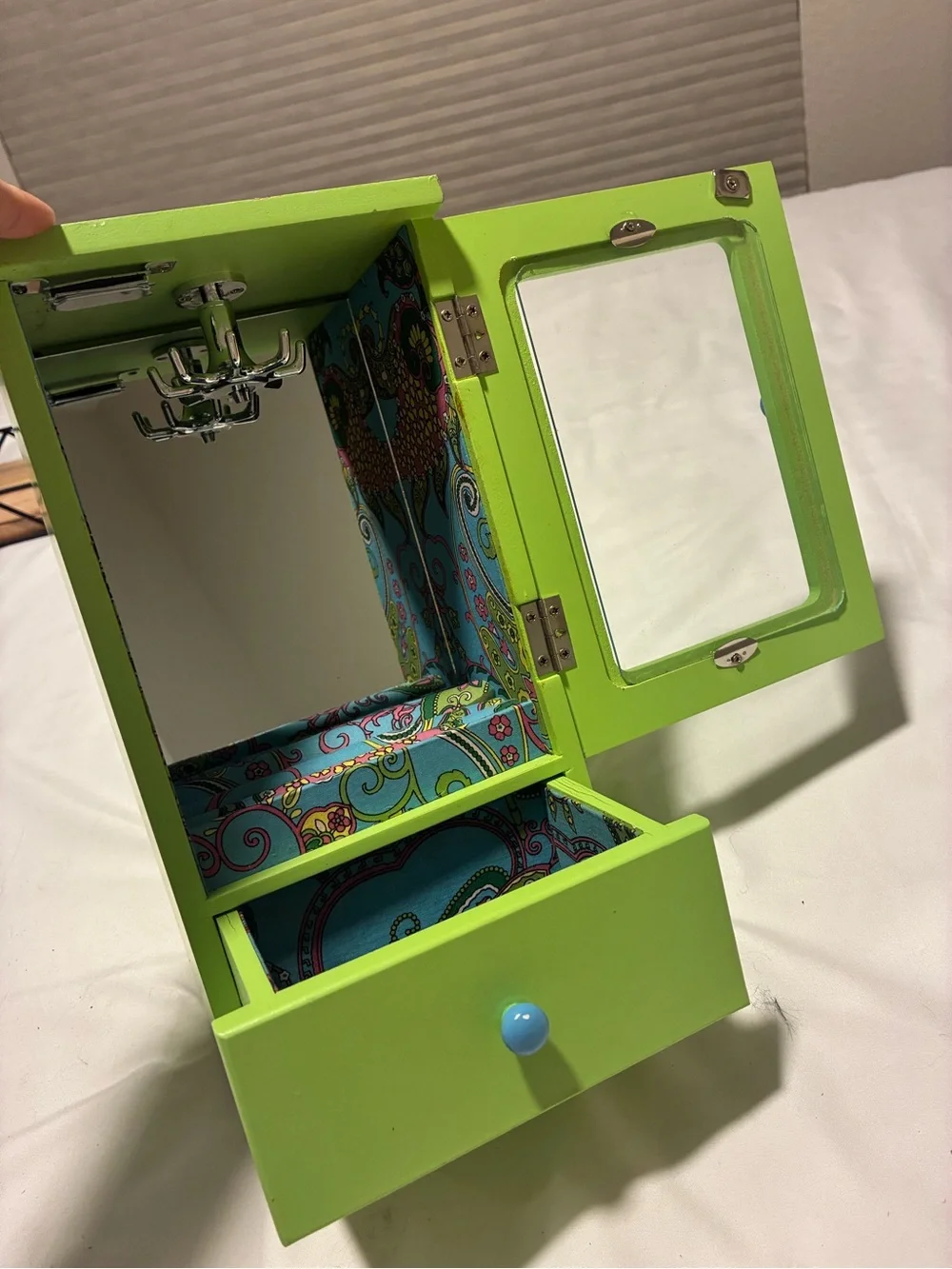 Retro Lime Green Jewelry Armoire with Drawer and Mirror